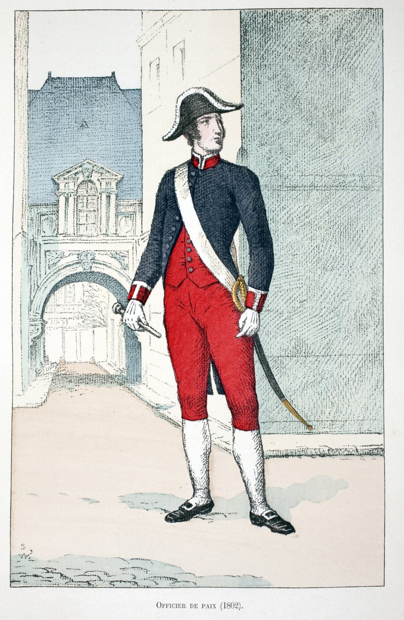 Béketiszt (1802). Színes rézkarc, illusztrációként „” A békefenntartók hadtestének története”” című könyv Louis Lepine (1846-1933) Szajna-menti rendészeti prefektus gondozásában jelent meg Alfred Rey (1864-?) és Louis Feron (1862) gondozásában. -?), alkotó: Unknown artist