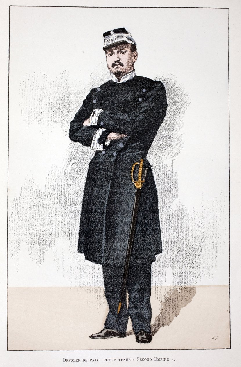 Béketiszt, Small Second Empire ruha (1852-1870). Színes rézkarc, illusztrációként: „A békefenntartók hadtestének története”” című könyv Louis Lepine (1846-1933) Szajna menti rendõrség prefektusa gondozásában jelent meg, Alfred Rey (186) alkotása. alkotó: Unknown artist
