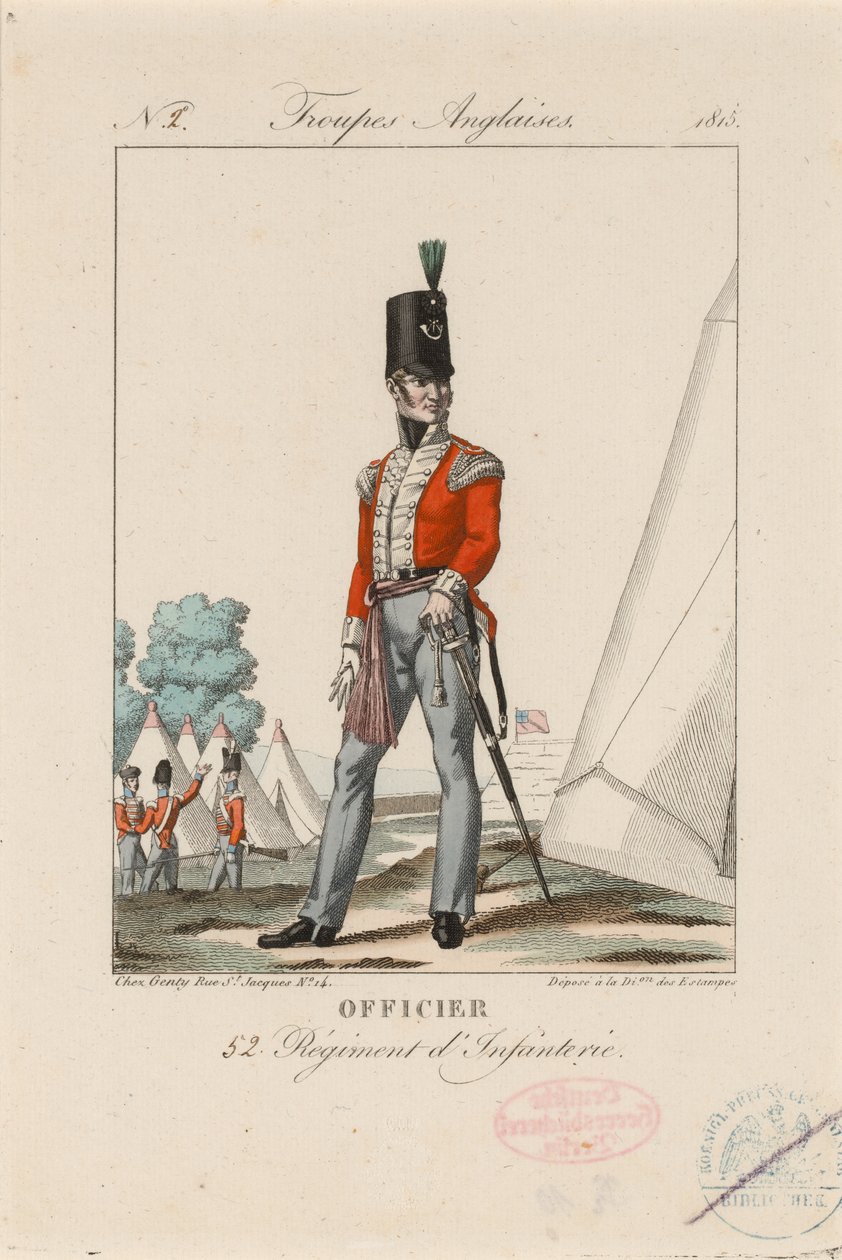 Officier 52 Regiment d’Infanterie’, 1815 körül (színes metszet) alkotó: Unknown artist