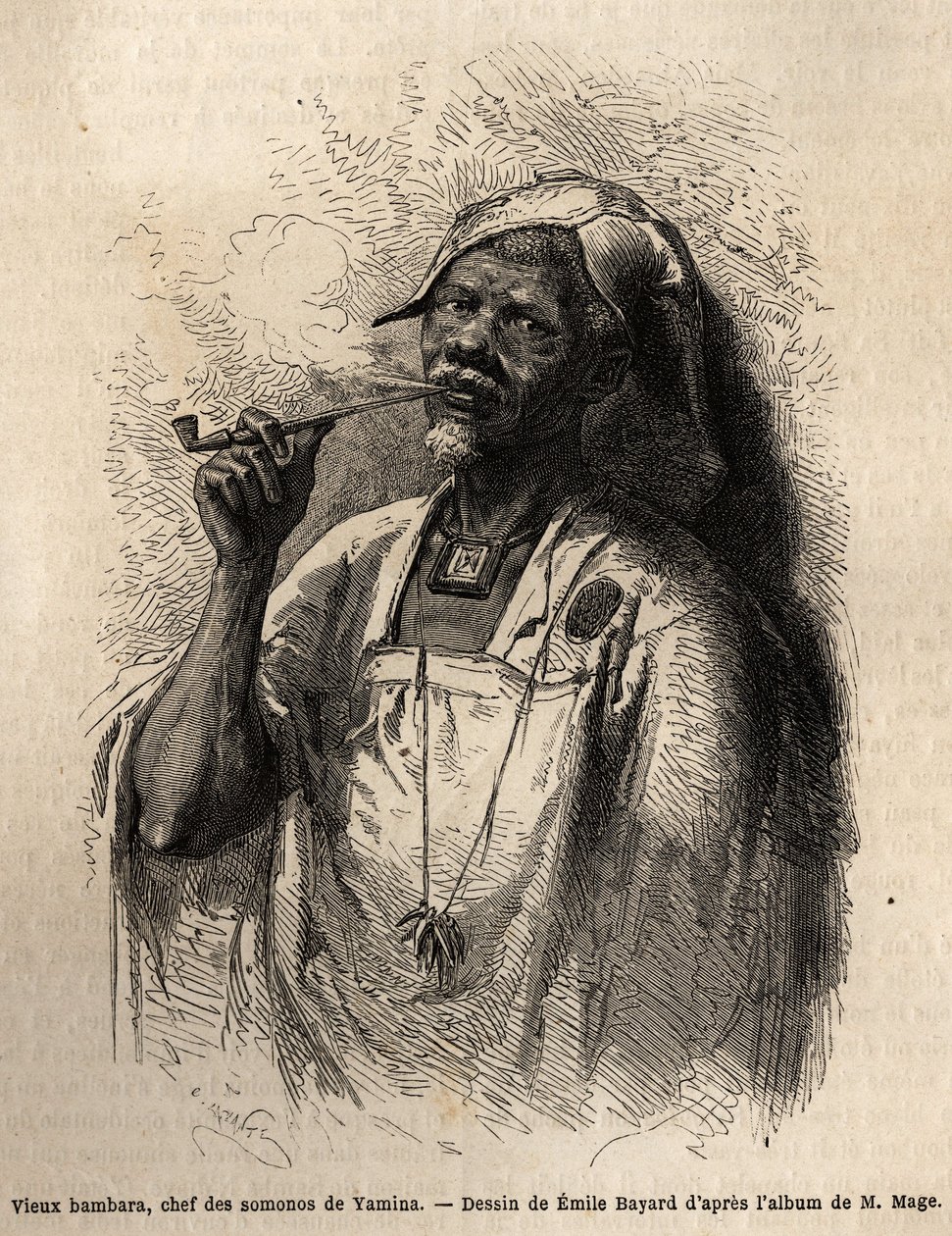 Az öreg Bambara, a Yamina (Niger) törzsfőnöke pipázik, és törzsének hagyományos főtakaróját viseli. Metszet M. Mage hadnagy nyugat-szudáni utazásának illusztrálására, 1863-1866 között, megjelent a „Le tour du monde, nouveau jour” alkotó: Unknown artist