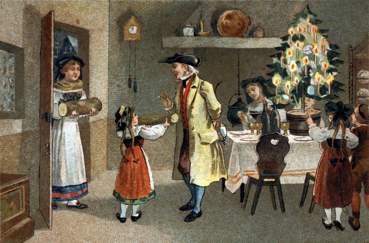 Az elzászi régióban ünnepelt régi szokás: a karácsonyi bokor. A 19. század végének kromolitográfiája. alkotó: Unknown artist