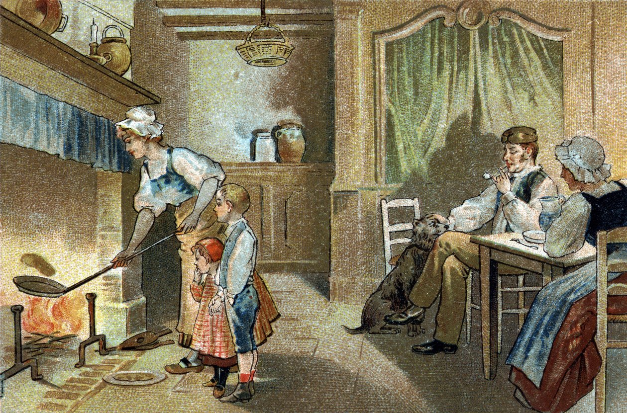 A bogyós vidéken ünnepelt régi szokás: gyertyatartós palacsinta. A 19. század végének kromolitográfiája. alkotó: Unknown artist