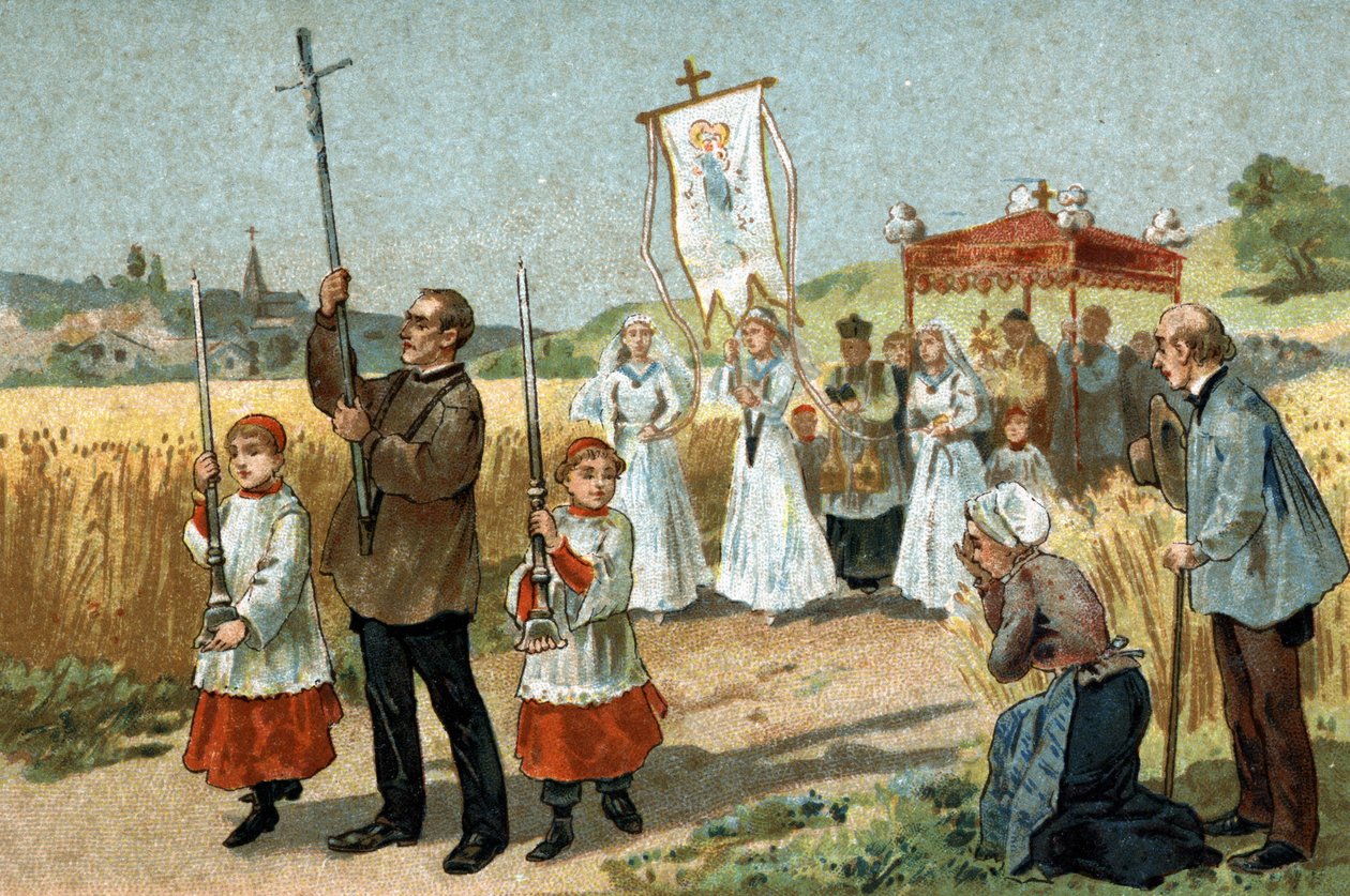 A bogyós vidéken ünnepelt régi szokás: a búzamenet. Vallási lakoma. A 19. század végének kromolitográfiája. alkotó: Unknown artist