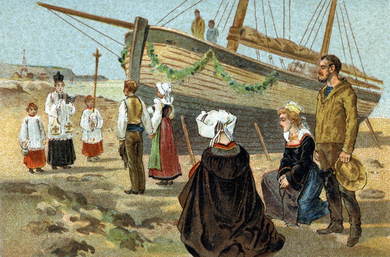 Régi szokás, amelyet Bretagne-ban ünnepelnek: halászhajó megkeresztelése. A 19. század végének kromolitográfiája. alkotó: Unknown artist