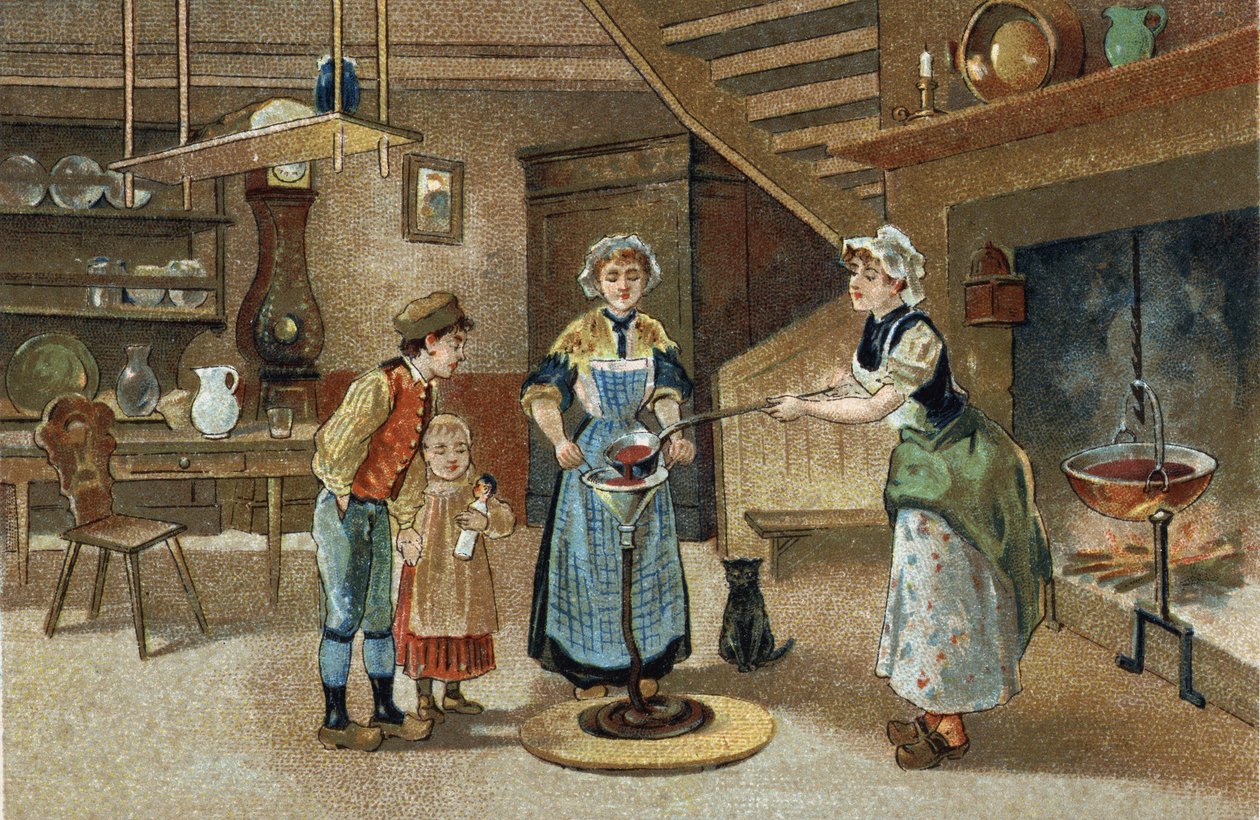 A Dauphiné régióban ünnepelt régi szokás: La boudinée. A 19. század végének kromolitográfiája. alkotó: Unknown artist