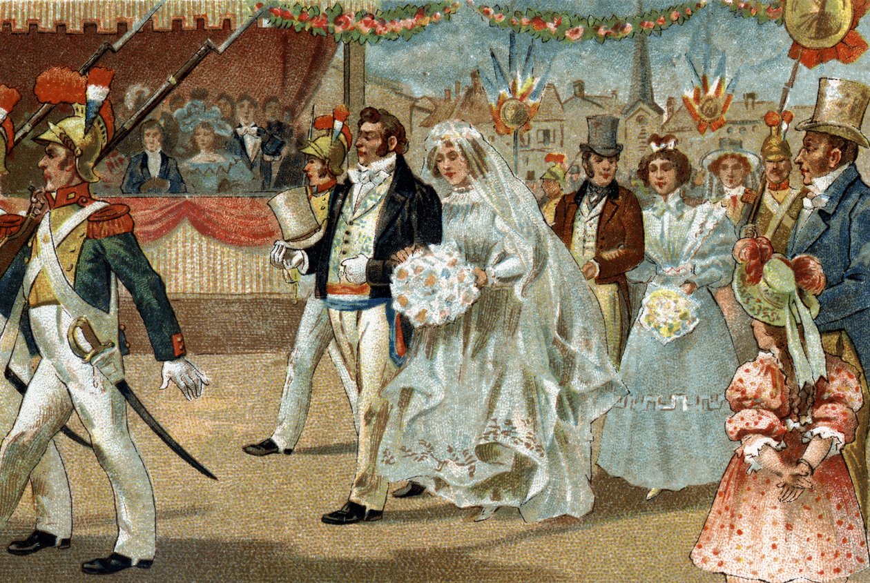 Az Ile de France régióban ünnepelt régi szokás: a Rosière de Nanterre. A 19. század végének kromolitográfiája. alkotó: Unknown artist