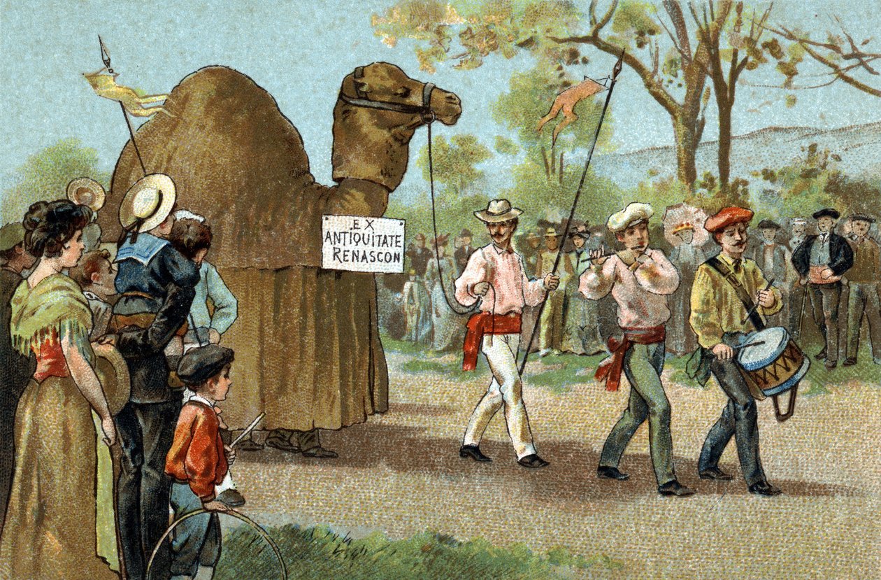 Régi szokás, amelyet a Languedoc régióban ünnepeltek: tevejárás Szent Afrodité napján. A 19. század végének kromolitográfiája. alkotó: Unknown artist