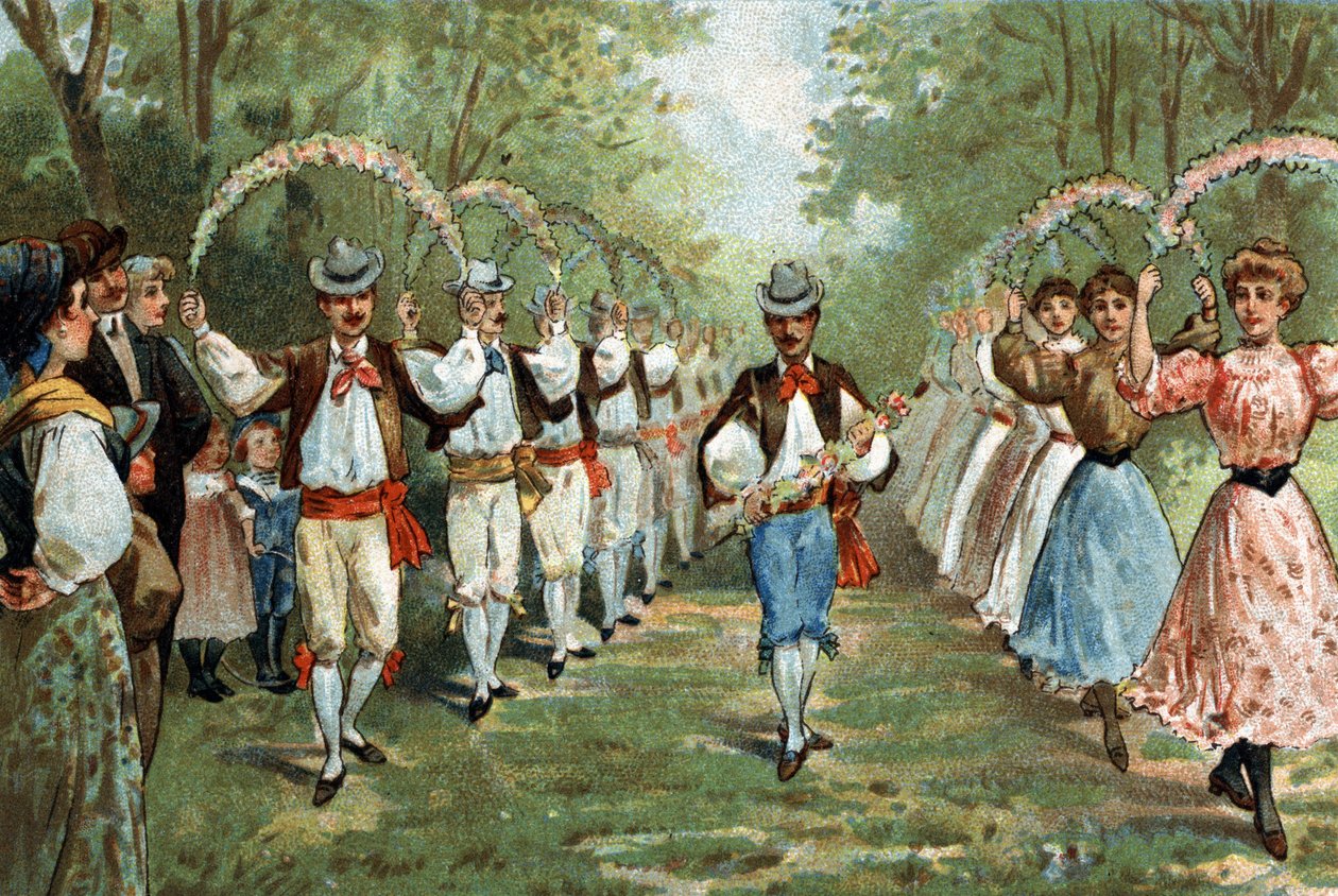 A Languedoc régióban ünnepelt régi szokás: a trellák tánca. A 19. század végének kromolitográfiája. alkotó: Unknown artist