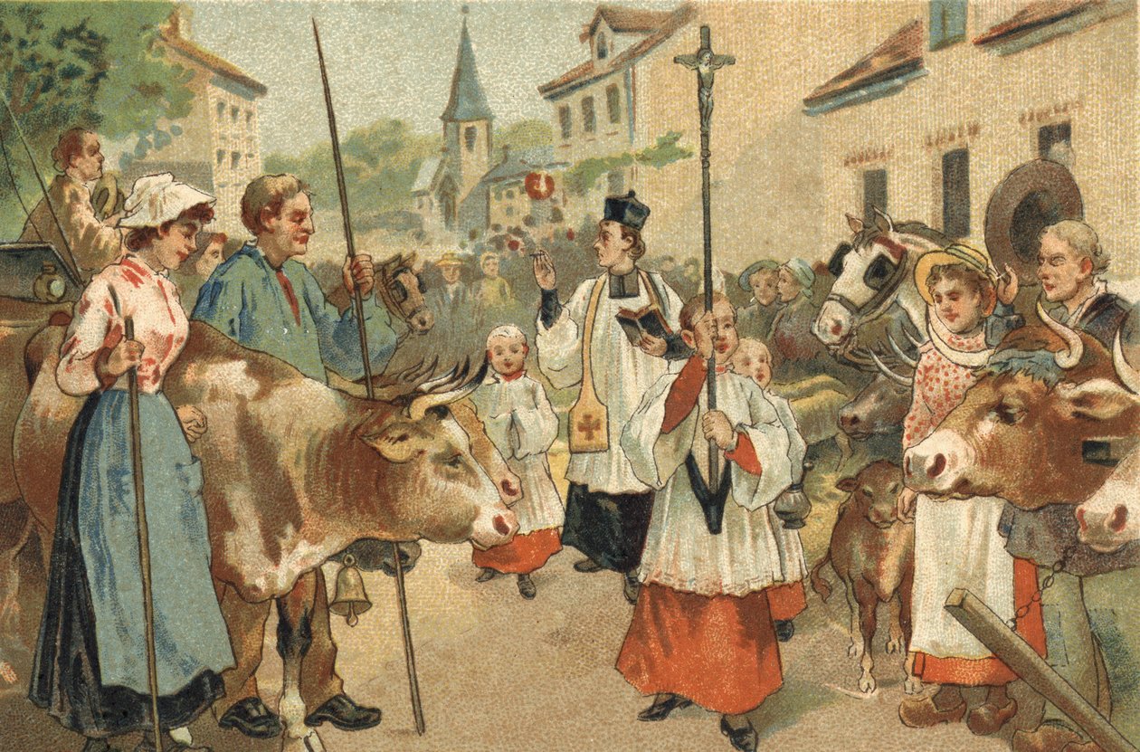 A Nivernais vidékén ünnepelt régi szokás: a csordák áldása. A 19. század végének kromolitográfiája. alkotó: Unknown artist