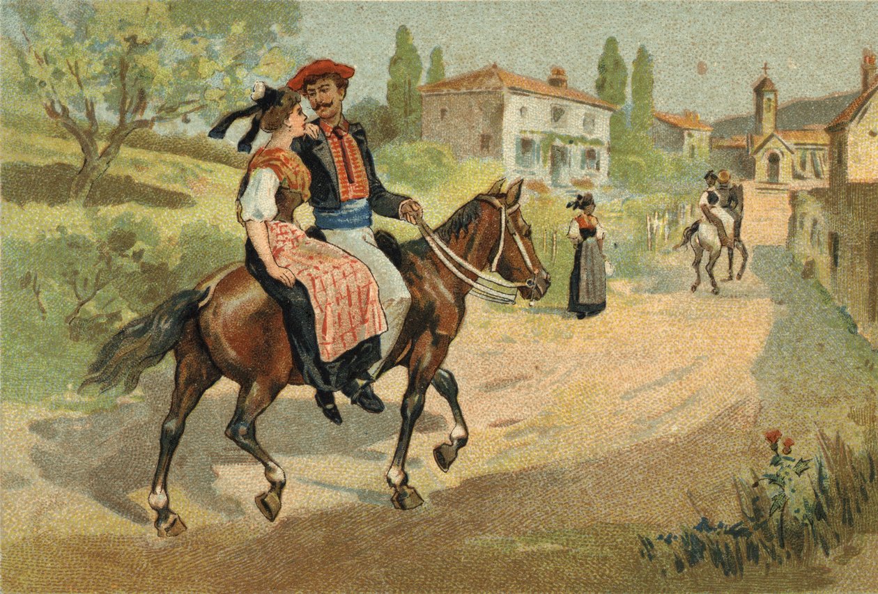A Provence-i régióban ünnepelt régi szokás: a camarguaiak gyülekezete. A 19. század végének kromolitográfiája. alkotó: Unknown artist