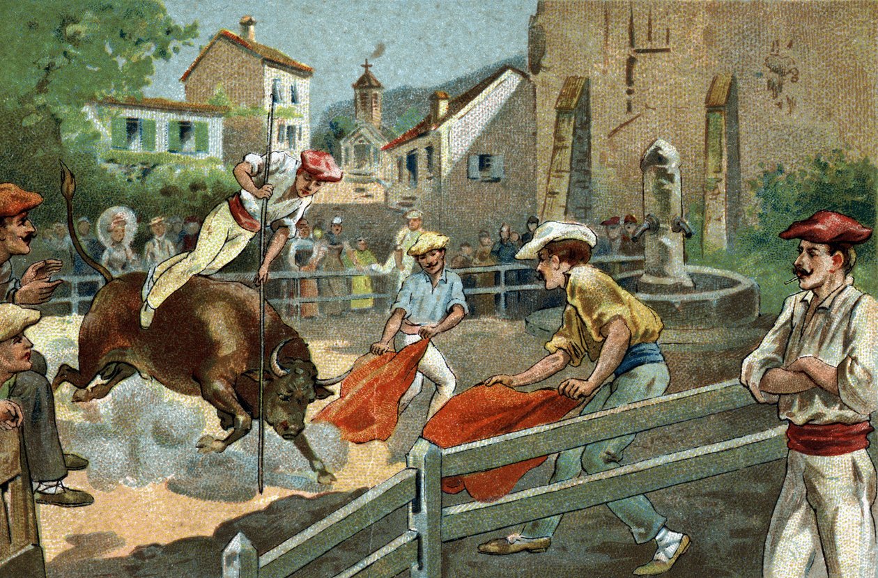 Régi szokás, amelyet Vizcayában ünnepelnek: Landaise versenyek egy faluban. A 19. század végének kromolitográfiája. alkotó: Unknown artist