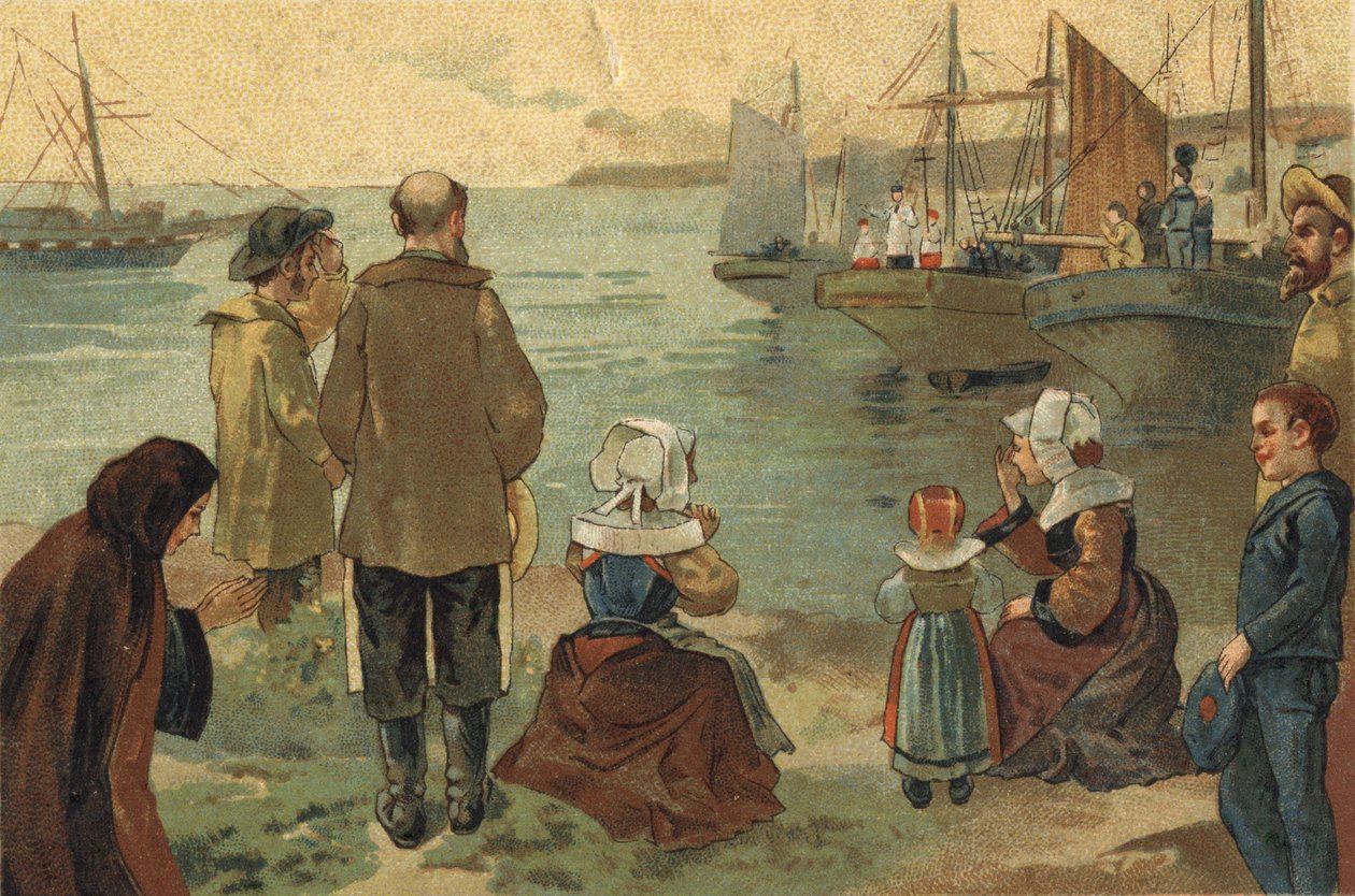 Régi szokás, amelyet Bretagne vidékén ünnepelnek: a Terre Neuvas megáldása. A 19. század végének kromolitográfiája. alkotó: Unknown artist