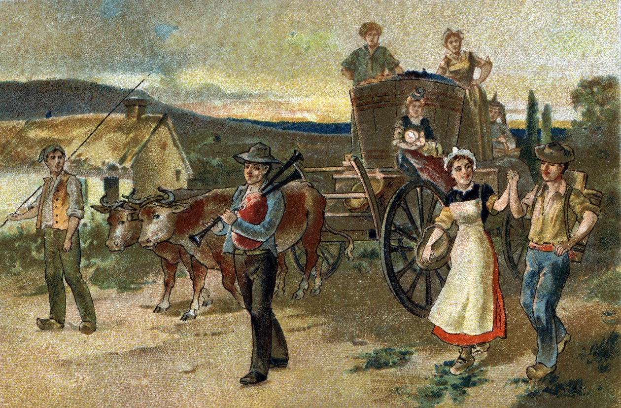 Régi szokás, amelyet Burgundia régiójában ünnepelnek: Szüreti Fesztivál. Az utolsó évjárat. A 19. század végének kromolitográfiája. alkotó: Unknown artist