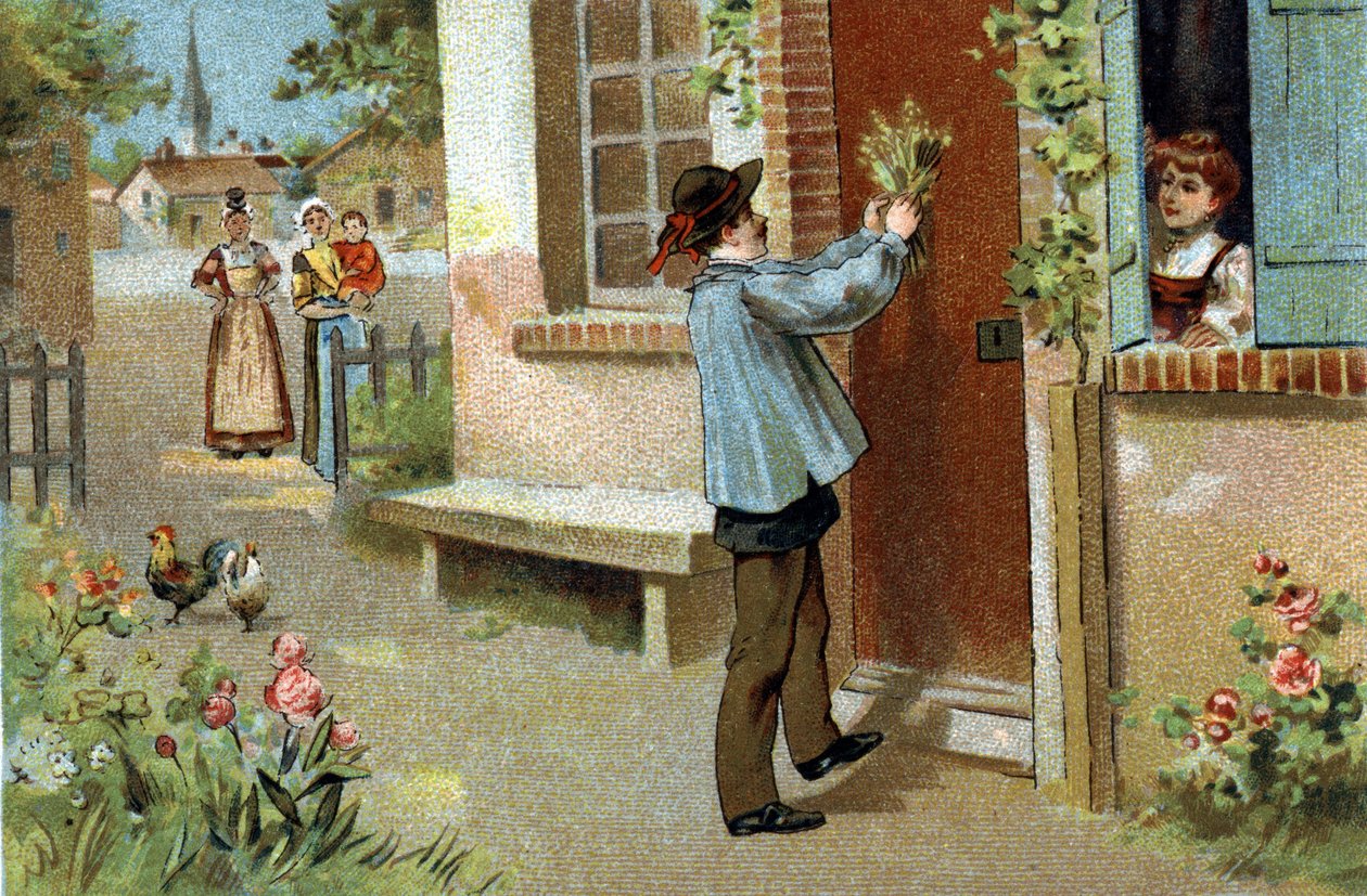 Régi szokás, amelyet Burgundia vidékén ünnepelnek: májusi ünnep. A 19. század végének kromolitográfiája. alkotó: Unknown artist