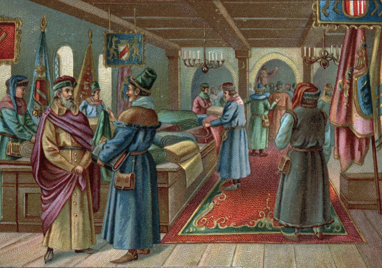 Régi bevásárlóközpontok: vászonterem Bruges-ben, Belgiumban a 15. században. A 19. század végének kromolitográfiája alkotó: Unknown artist