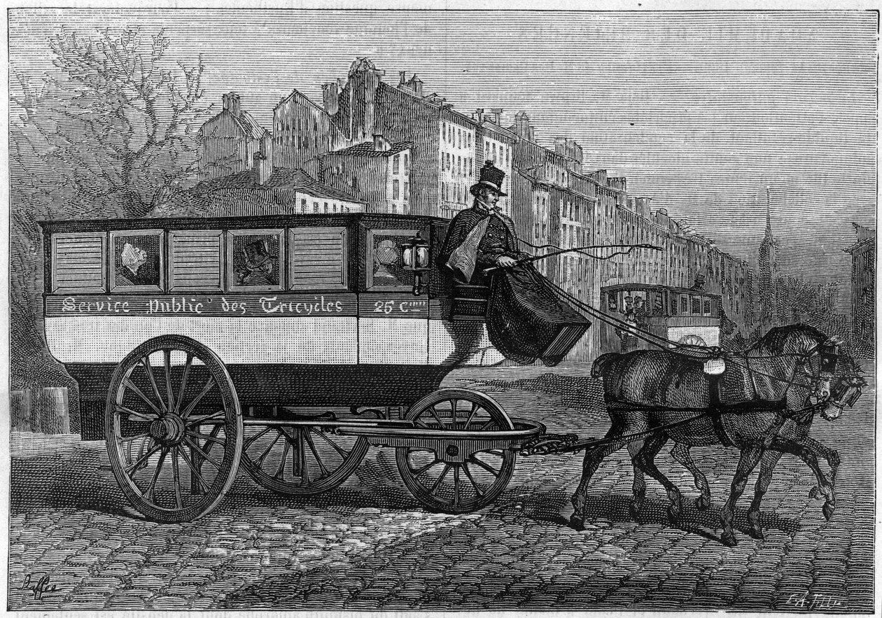 Az Omnibusz háromkerekű vagy tricikli Párizs utcáin. Metszet a „” természetbe. Tudományos folyóirat és alkalmazásai a művészetben és az iparban. alkotó: Unknown artist