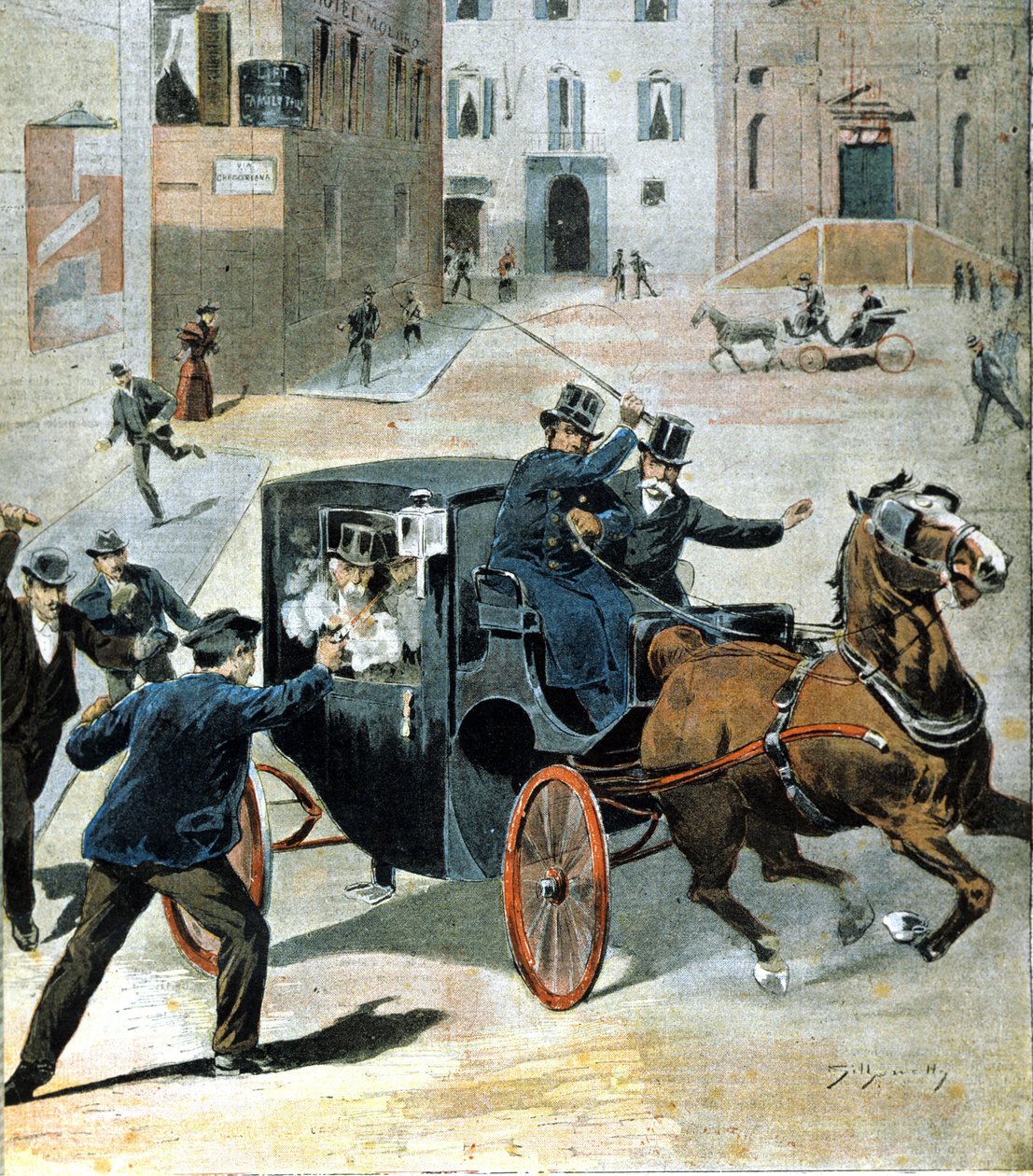 1894. június 16-án Rómában az anarchista Paolo Lega revolverrel Francesco Crispire, az Olasz Tanács elnökére lőtt. Az időszak illusztrációja. alkotó: Unknown artist