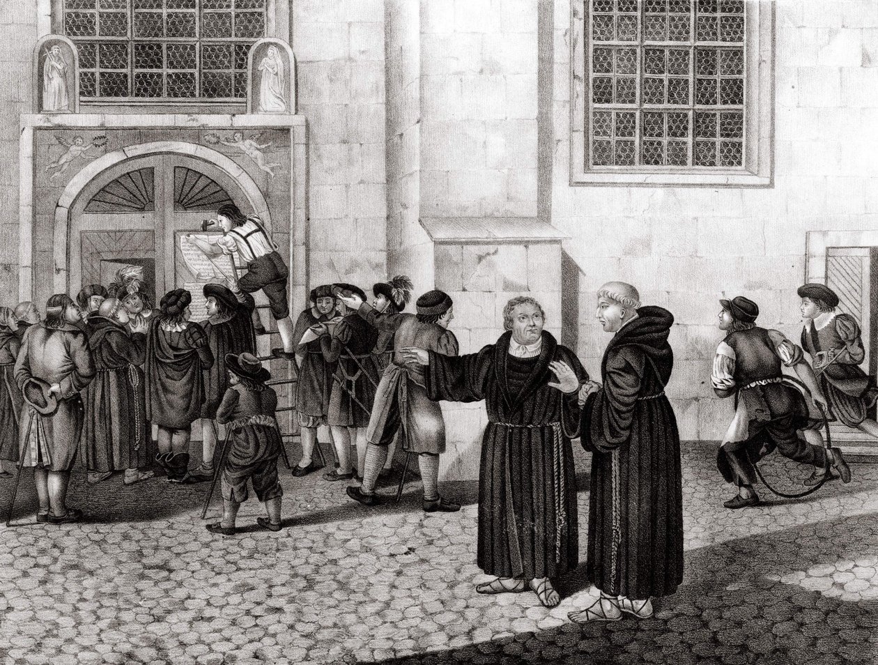 Luther 1517. 10. 31-én kifüggesztette a wittenbergi vár kapujára 95 tézisét, melyben a búcsúztatást elítélték, és a reformáció kezdetét jelentette, a grav. alkotó: Unknown artist