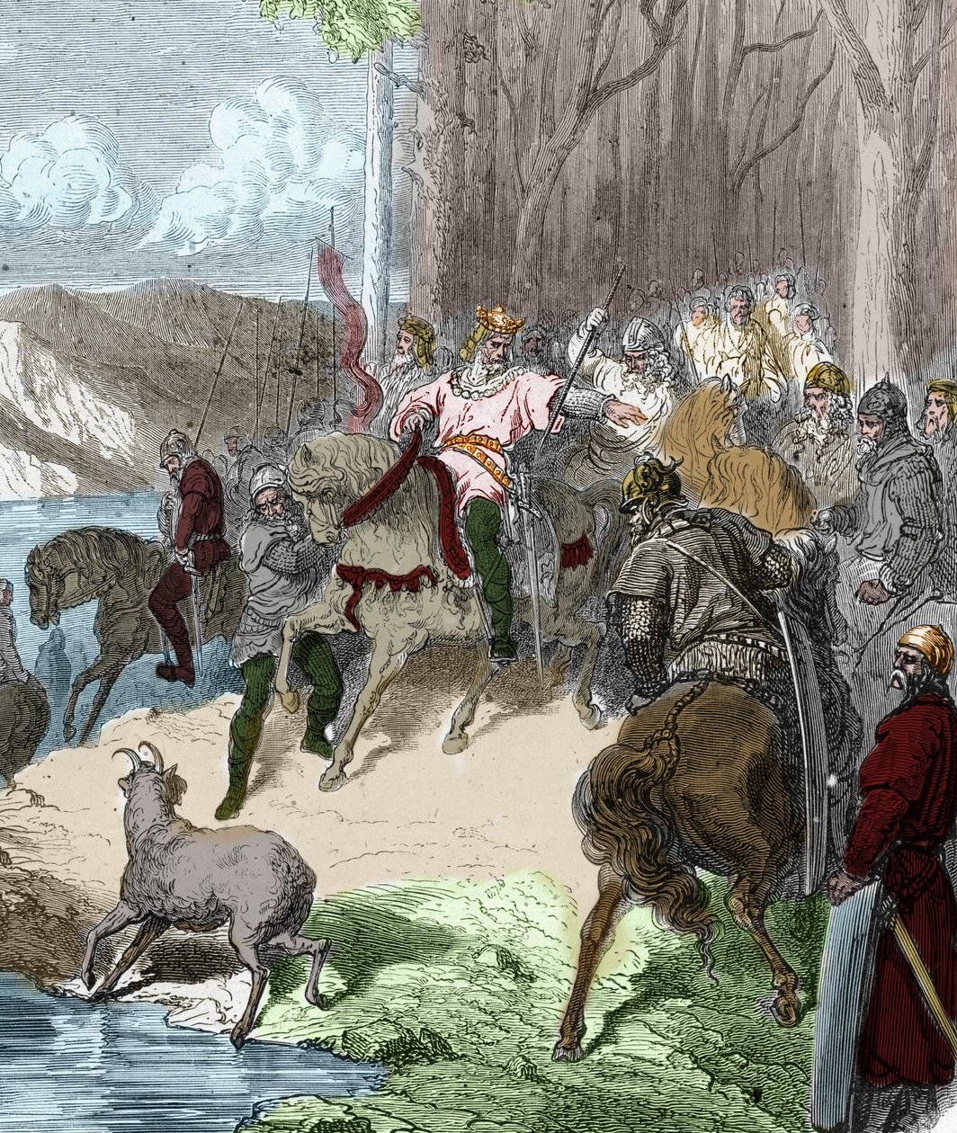 A vouille-i csata (507) előestéjén I. Clovis egy őzike nyomán talál egy bécsi nyomot, amelyet liliomok tárnak fel. A virágot a győzelem zálogaként hordja, majd emblémának veszi. Metszet Paul Lehuge „” Histoire De France En Cent festményeibe””. alkotó: Unknown artist