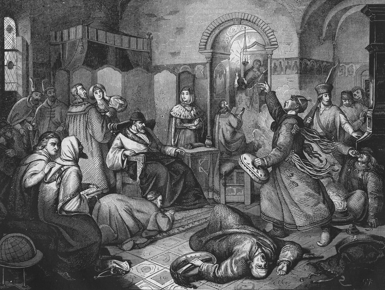 IV. Rettegett Iván (1530-1584), cár és Oroszország nagy fejedelme utolsó napján, mellette gyönyörű lánya. 1860-as metszet. alkotó: Unknown artist