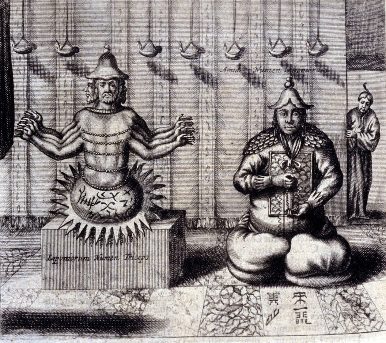 A bal oldalon a hindu istenség nyolc karja, a jobb oldalon Amida, a japán Buddha. Athanasius Kircher (1601-1680), jezsuita, orientalista és német tudós „De China Monumenta” című műve, Amszterdam 1667. alkotó: Unknown artist