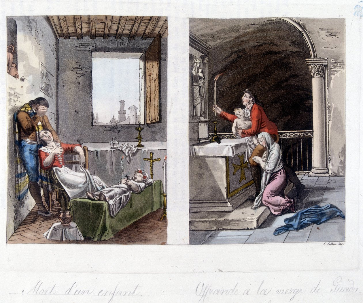 Bal oldalon egy gyermek halála és a szülők szomorúsága. A jobb oldalon egy felajánlás Guada Lupa szűzének. századi litográfia alkotó: Unknown artist
