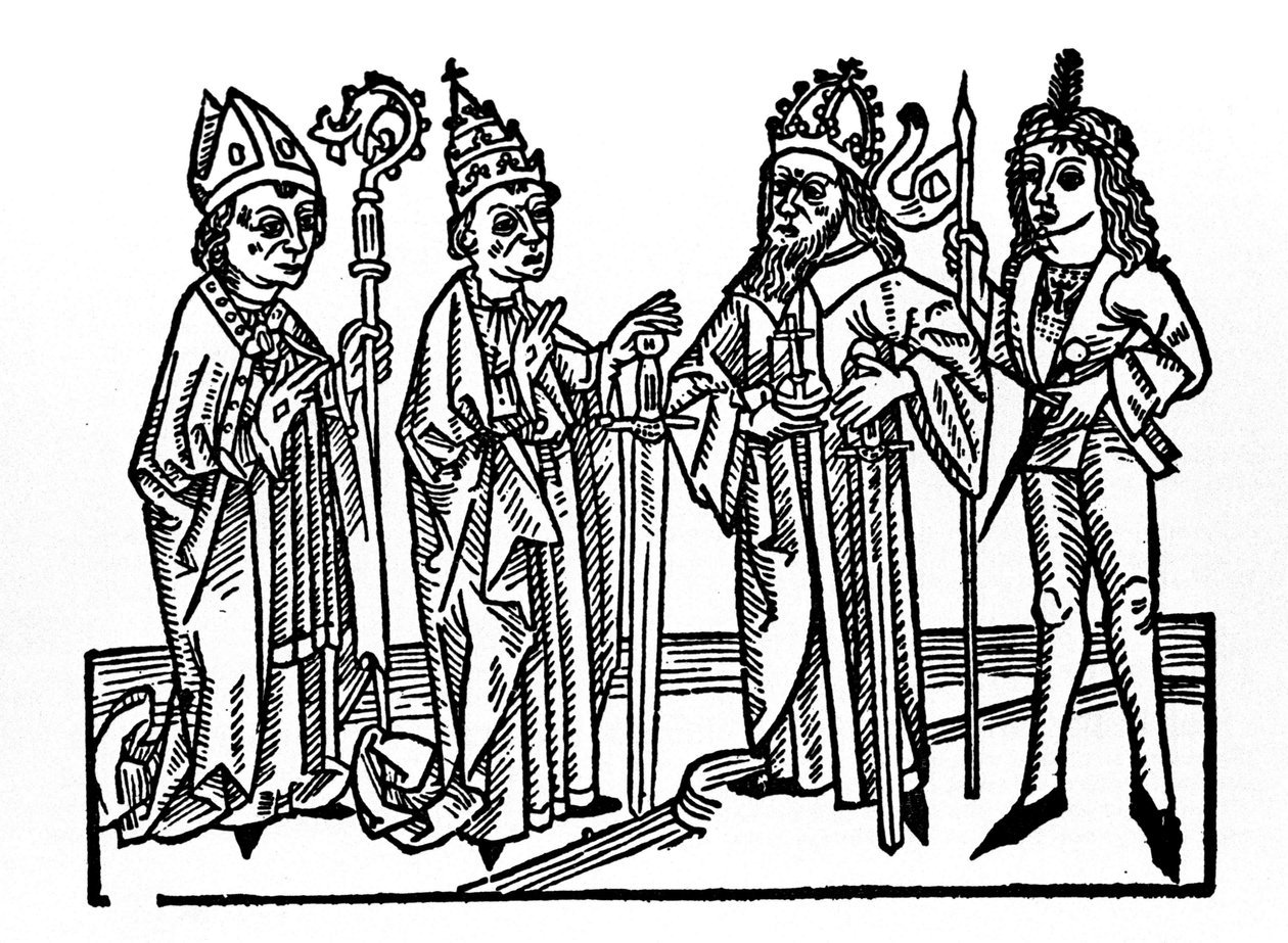 Bal oldalon: a püspök, a pápa, a császár és a nemes lovas. A feudális kor társadalmi osztályainak fő képviselői. A Voragine-i Jacobus (James) (1228-1298) metszete a „Leben der Heiligen - sommerteil”-ből (A szent könyve). Lu alkotó: Unknown artist