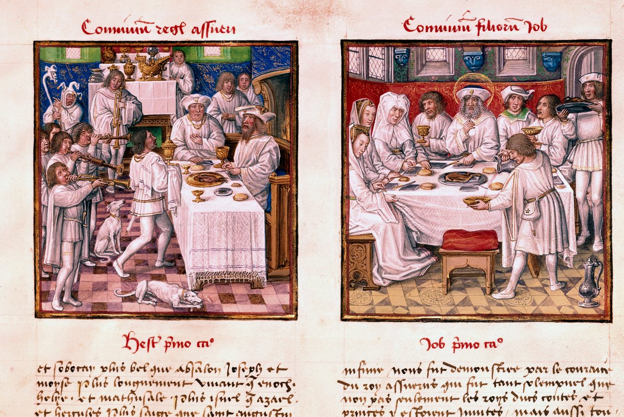 Bal oldalon 1. Assvérus (1. Xerxész) ünnepe. Jobb oldalon Jób fiainak ünnepe. Miniatűr a „” Le Miroir de l