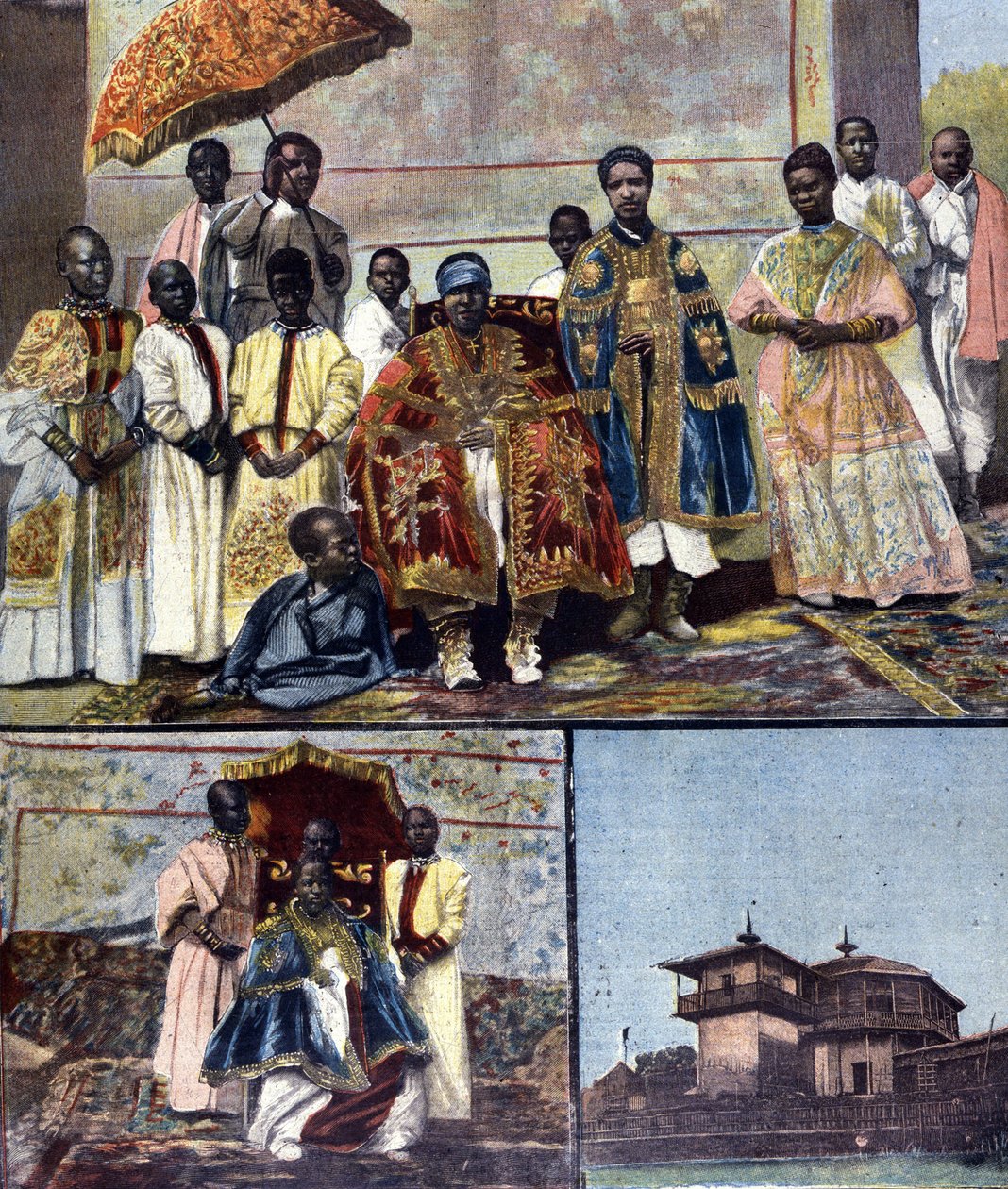 A tetején az etiópiai Impress Taitou, II. Menelik felesége és a folytatása látható. Balra lent a lánya, a leendő Zaouditou királynő (1876-1930). Jobb oldalon a császári palota Ghebi Addisz-Abebában. Ill. a 19. század végi sajtó számára. alkotó: Unknown artist