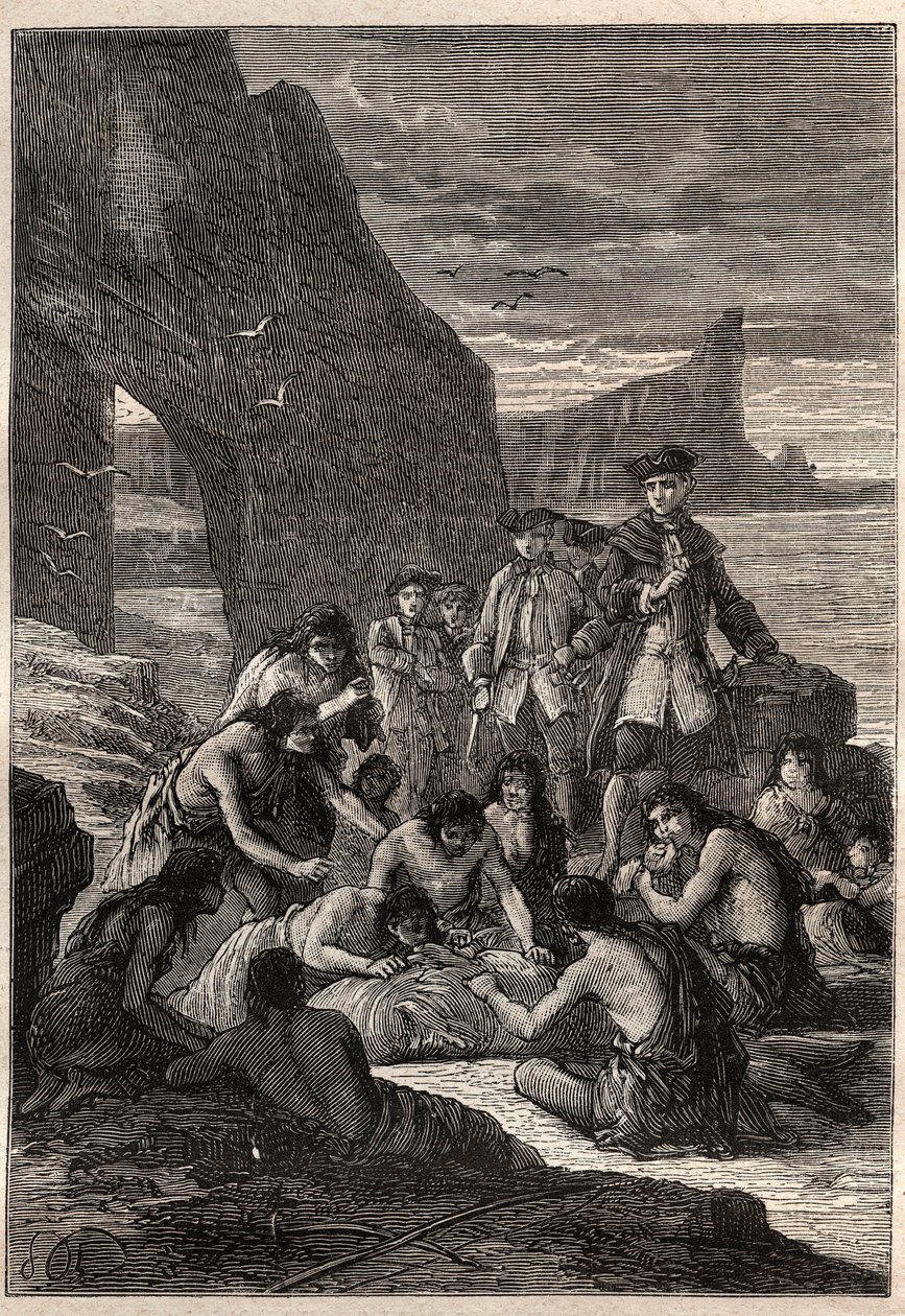 Egyikük elválasztva a fogaktól: John Byron admirális (1723-1786) a Magellán Detroit egyik szigetén – a fügiek (Tierra del Fuego lakói) fogaikkal dekupálják a széttépett és megkövesedett bálnát. a tengerparton - ill alkotó: Unknown artist