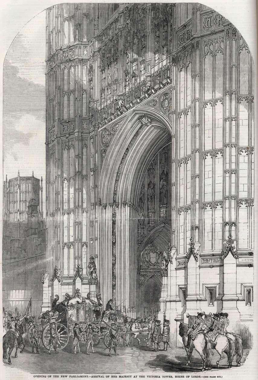 Az új parlament megnyitása – Őfelsége érkezése a Victoria-toronyhoz, a Lordok Háza 1852-ben alkotó: Unknown artist