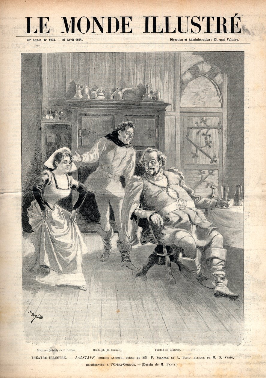 Giuseppe Verdi (1813-1901) „Falstaff” című operája, Arrigo (vagy Enrico) Boito háromfelvonásos lírai vígjátéka, 1894-ben a párizsi operaregényben Victor Maurellel, Marie Delnával és Paul Fleuret-vel (Barnolt) képviselték (1844) -1900) - A „The Illustrous W alkotó: Unknown artist