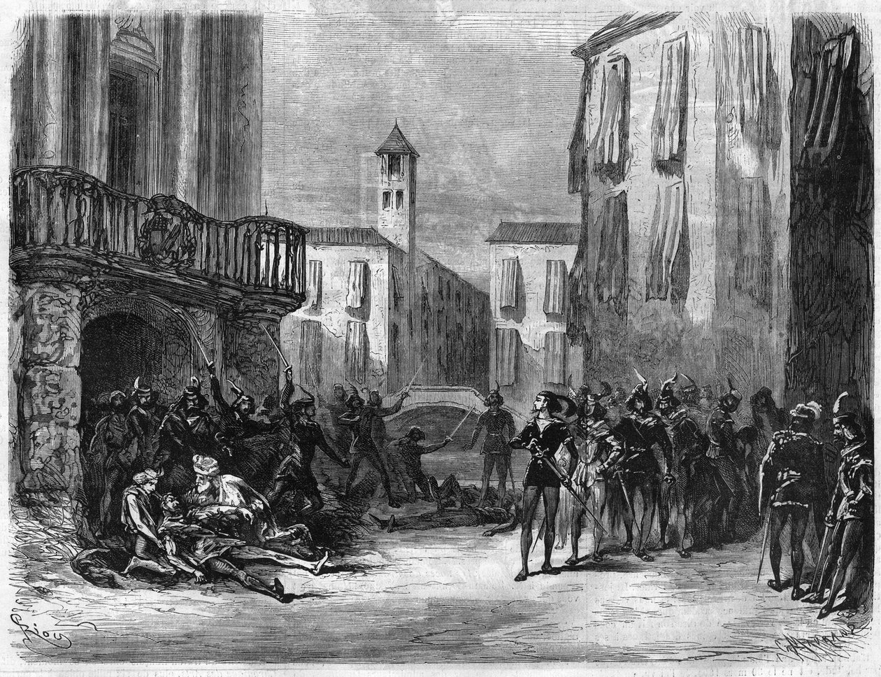 Jules Barbier (1825-1901) és Michel Carre (1821-1872) „” Romeo et Juliette” című operája. Zene: Charles Gounod (1818-1893). Játssz a párizsi operaszínházban. Metszet a „The Illustrous Universe”-be alkotó: Unknown artist