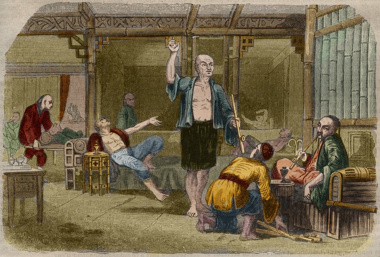 Ópiumdohányosok Kínában a 19. század közepén. Metszet 1857-ből a „Le Musee Des Sciences”-ben alkotó: Unknown artist