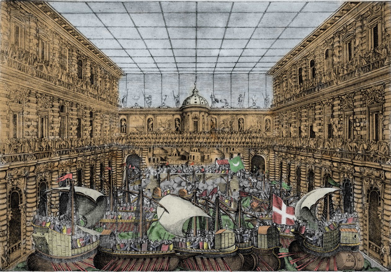 Orazio Scarabelli, Naval Battle Show (naumachia) a firenzei Palazzo Pitti udvarán emelkedik (a Medici család királyi palotája, Toszkána nagyhercegei) Naumachia a Palazzo Pitti udvarán, Firenzében alkotó: Unknown artist