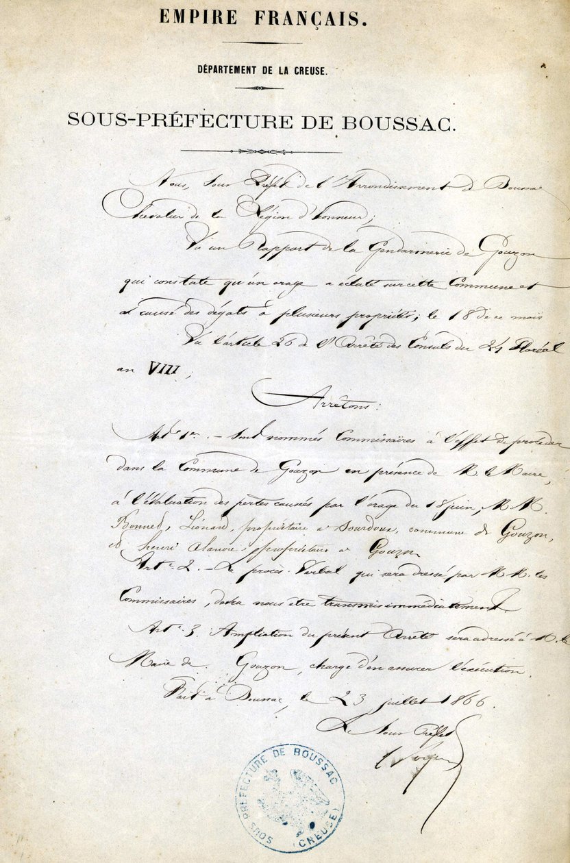Creuse Subprefecture (Boussac kerület) július 23-i rendelete alkotó: Unknown artist