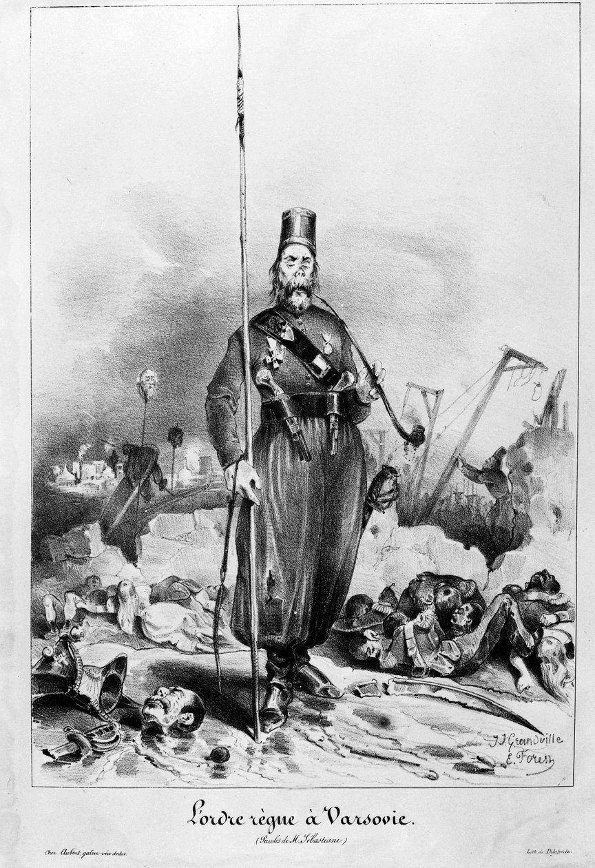 Varsóban a rend uralkodik. Karikatúra Grandville-ről és Forestről Sebastiani de la Porta (1772-1851) marsall (Louis Philippe minisztere és nagykövete) szavai alapján. alkotó: Unknown artist