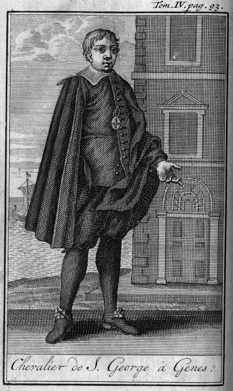 Lovagrendek. Szent György Gének lovagja (Genova italia Italy) A katonai rendek vagy lovagok, mindkét nem biztonságos és rutinszerű milíciáinak történetében, amelyek eddig létrejöttek. Kiadás: Abbe Giustiniani, R.P.Bonani, M. alkotó: Unknown artist