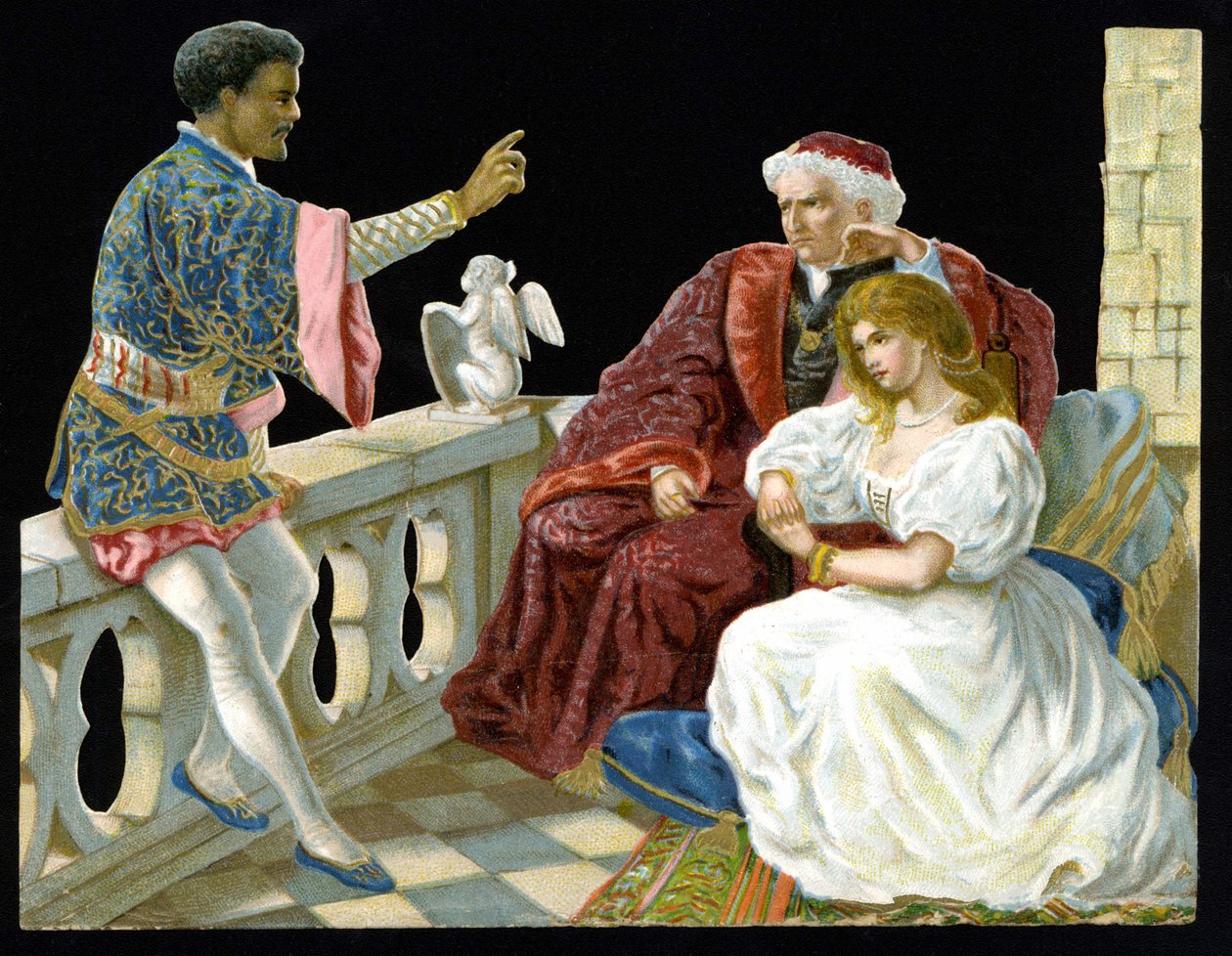 Othello, Desdemona és Iago – Othelloban vagy a velencei mórban”” Shakespeare (1604). századi kromolitográfiája.” alkotó: Unknown artist