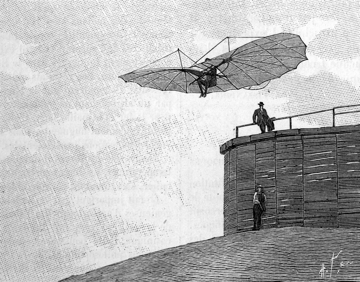 Otto Lilienthal (1848-1896), a német repülés úttörője, aki repülő repülőgépével felugrik fatornyából (azonnali fényképről). Gravírozás a „” La Nature: revue des sciences et de leurs applications aux arts et a l