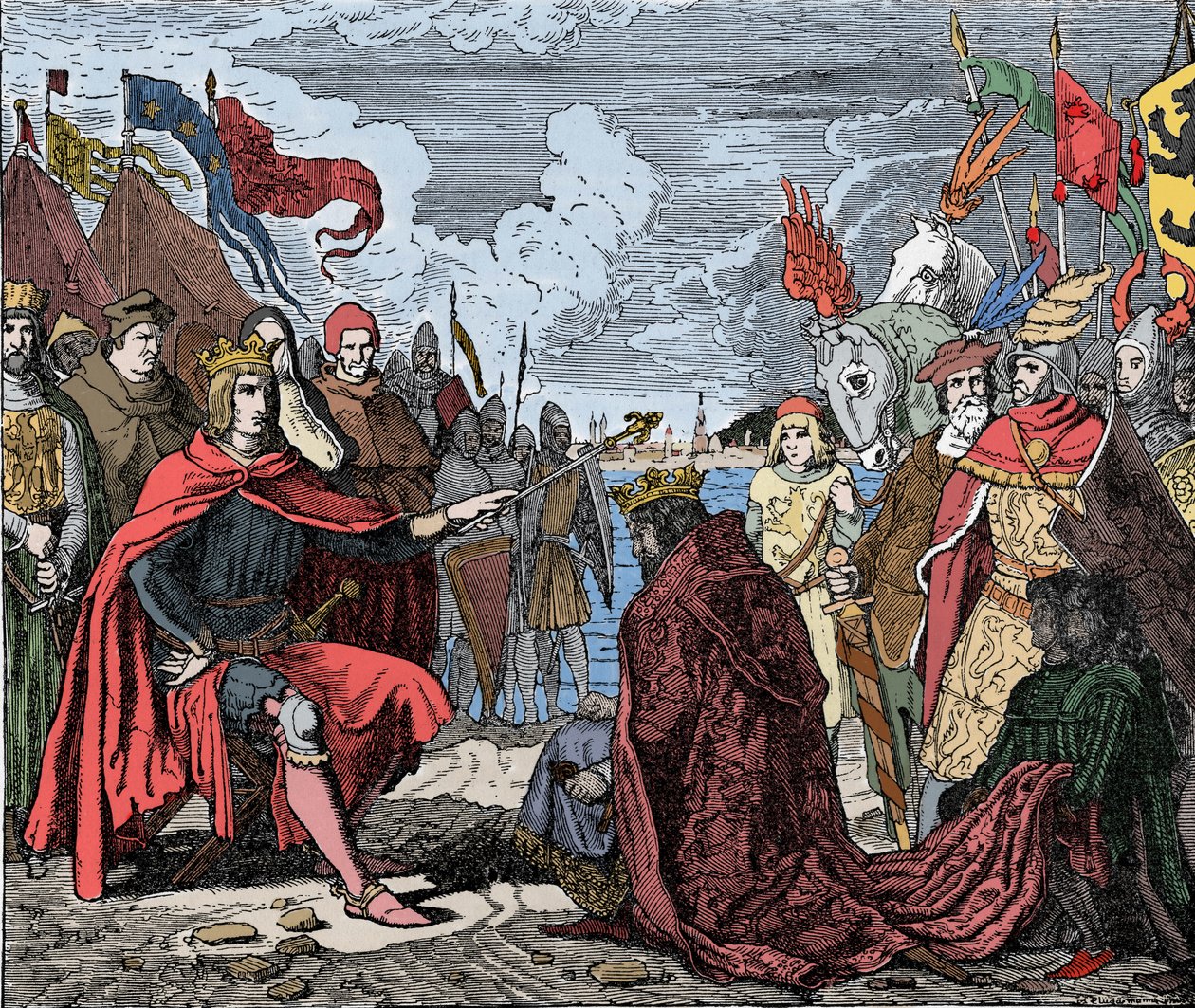 II. Ottokár (1230-1278) I. Rudolf (1230-1278) tisztelete – II. Ottokár (1233-1278) Csehország királya, I. Rodolf, a Szent Birodalom (vagy IV. Habsburg Rodolf) (1218-1291) előtt tiszteleg a Marchfeldi csata után , 1278-ban - alkotó: Unknown artist