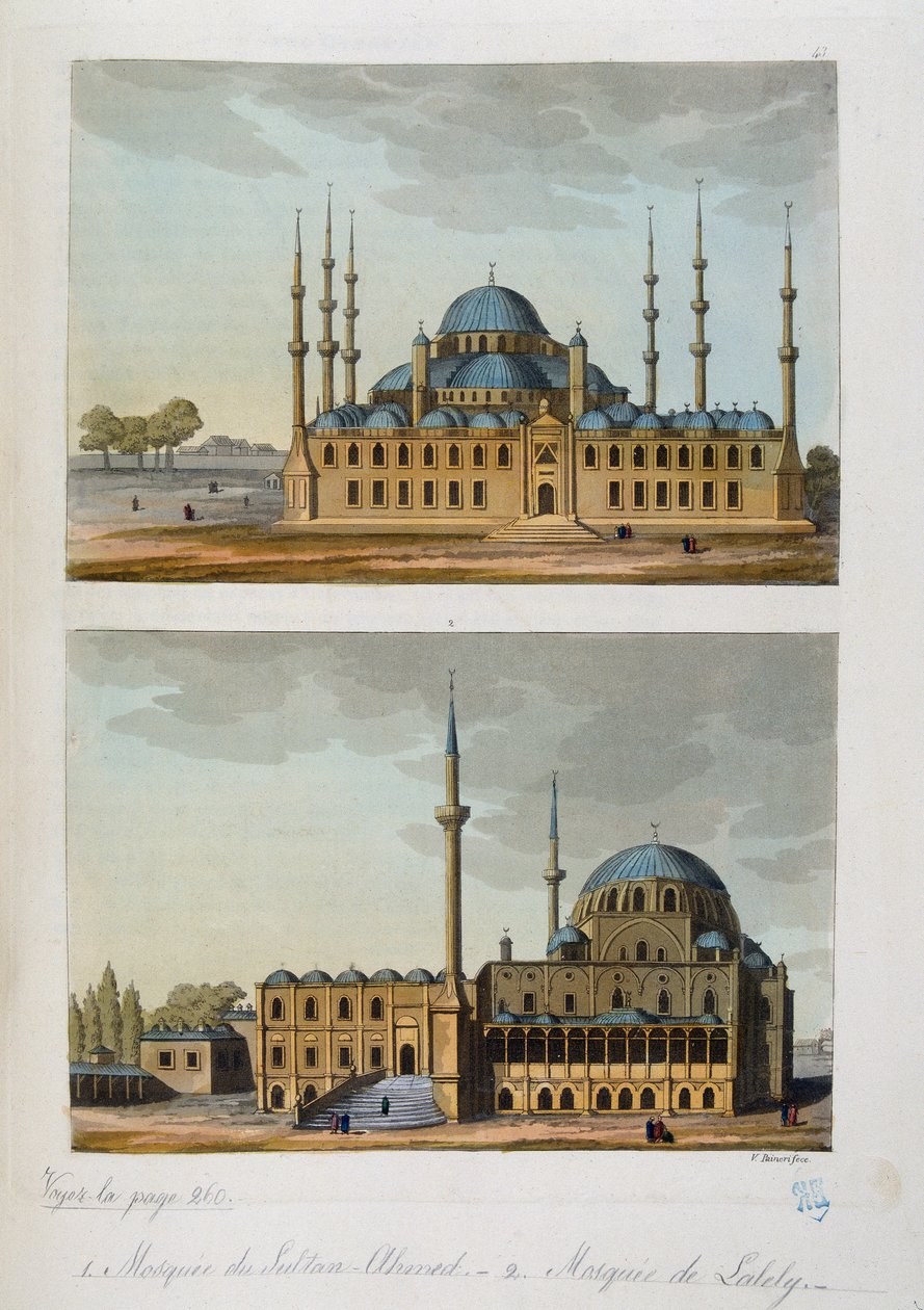Oszmán Birodalom: I. Ahmet (Ahmed) szultán által épített Kék mecset (vagy Sultanahmet Camii) és Laleli mecset Isztambulban - a Ferrario, ed Milan „” Az ősi és modern jelmezben”” alkotó: Unknown artist