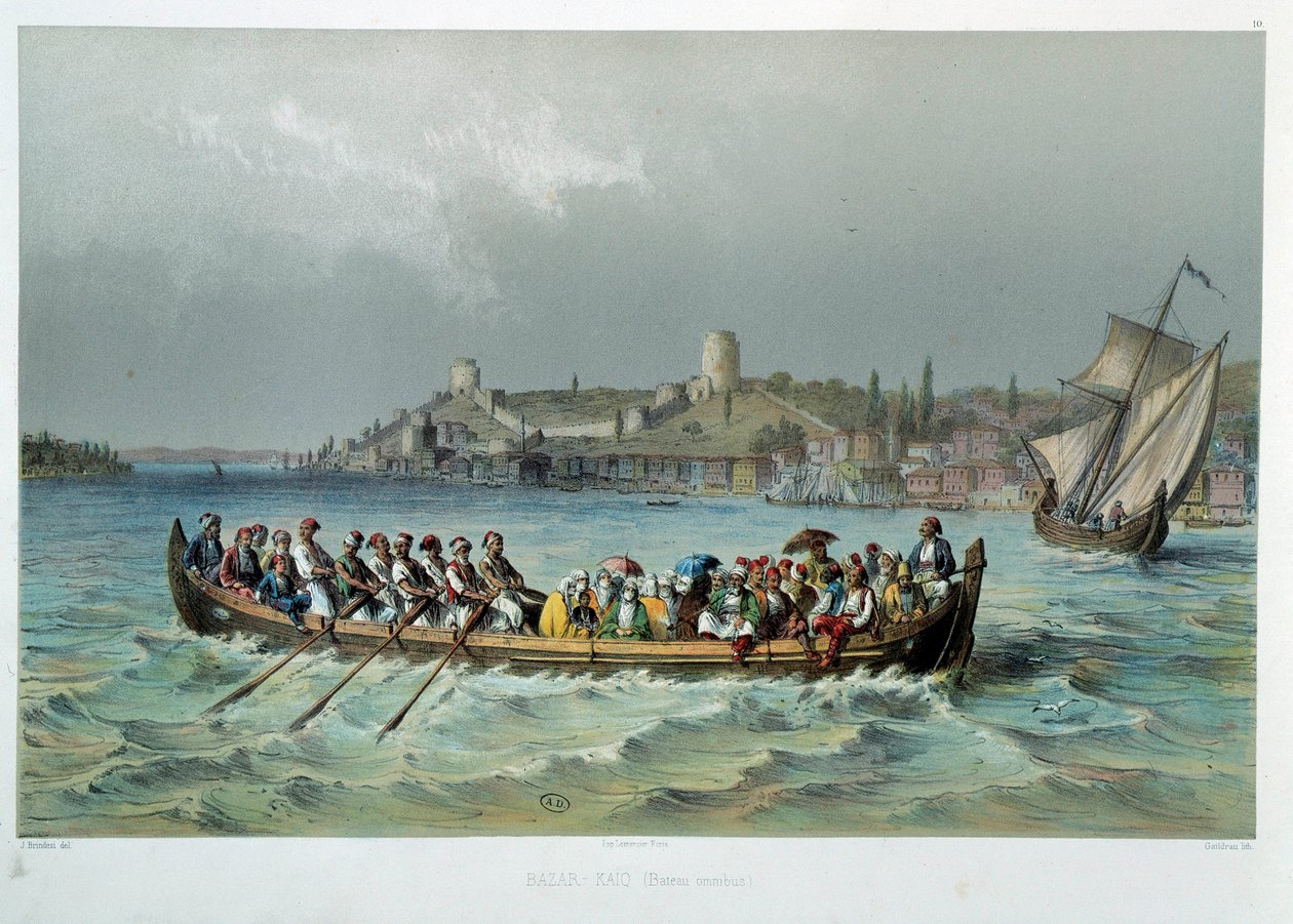 Oszmán Birodalom: omnibusz hajó Konstantinápolyban (Isztambul). századi litográfia. Dekoratív művészet, Párizs alkotó: Unknown artist