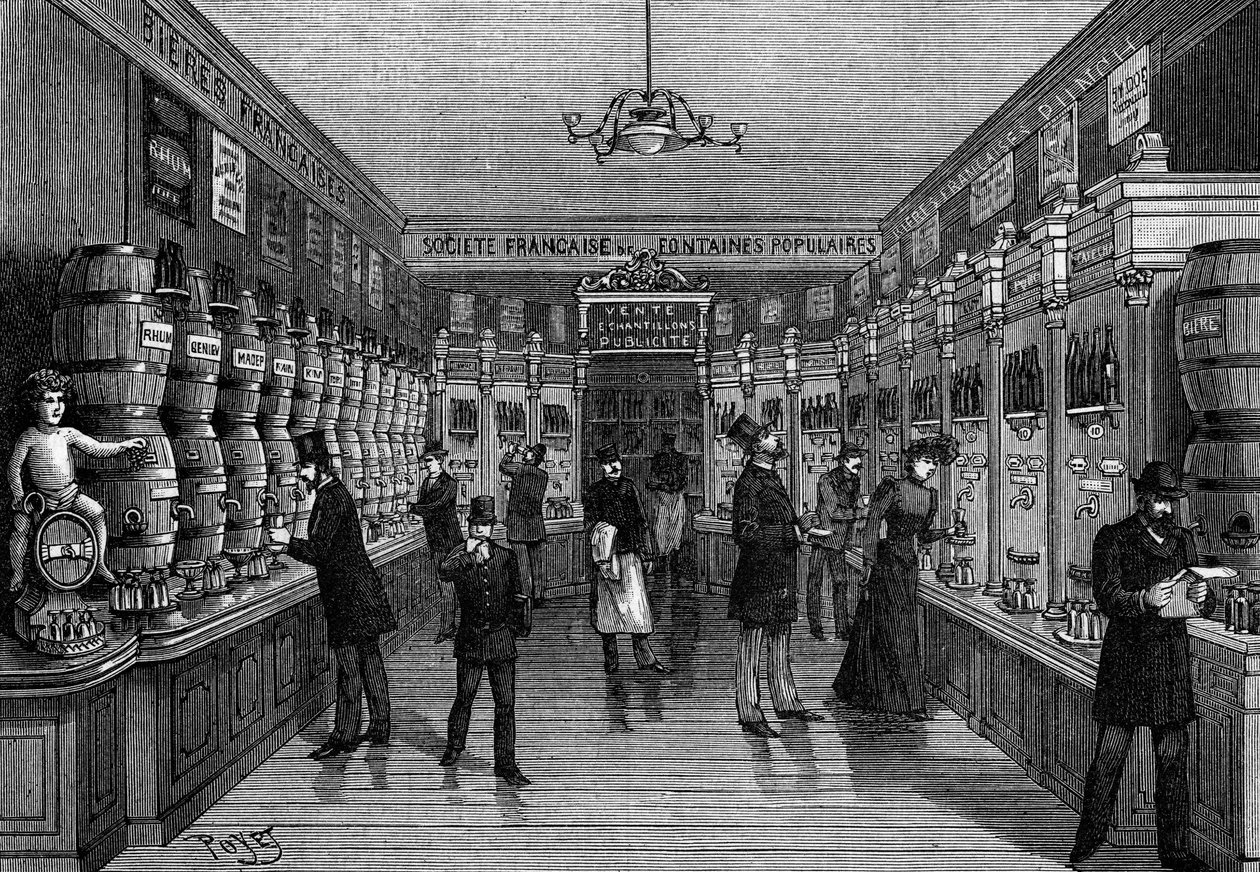 Egy automatákkal felszerelt bár áttekintése, a rue Montmartre, Párizsban. Metszet a "természetben": 1891. november 7-i áttekintés a tudományokról és alkalmazásukról a művészetben és az iparban. alkotó: Unknown artist