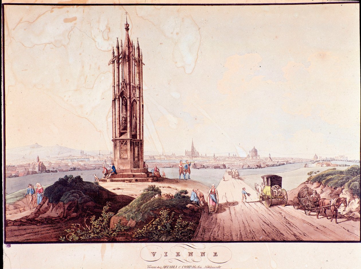 Bécs városának áttekintése a Dunán átívelő híddal. Ausztria Metszet az 1800-as magángyűjteményből alkotó: Unknown artist