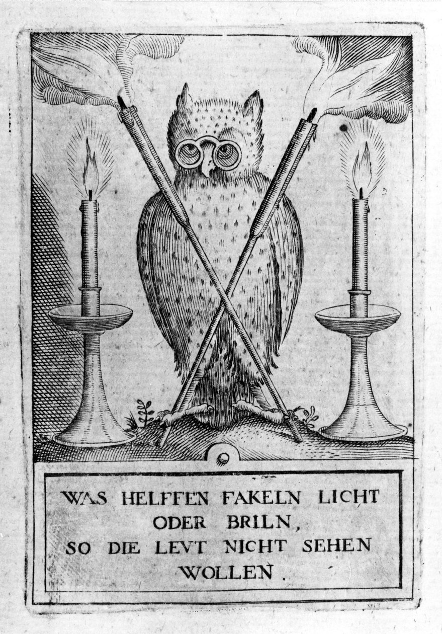 Bagoly szemüveggel, a bölcsesség szimbóluma. Az „Amphitheatrum sapientiae aeternae” metszete. (Az örök bölcsesség amfiteátruma) (Hamburg: n.n. alkotó: Unknown artist