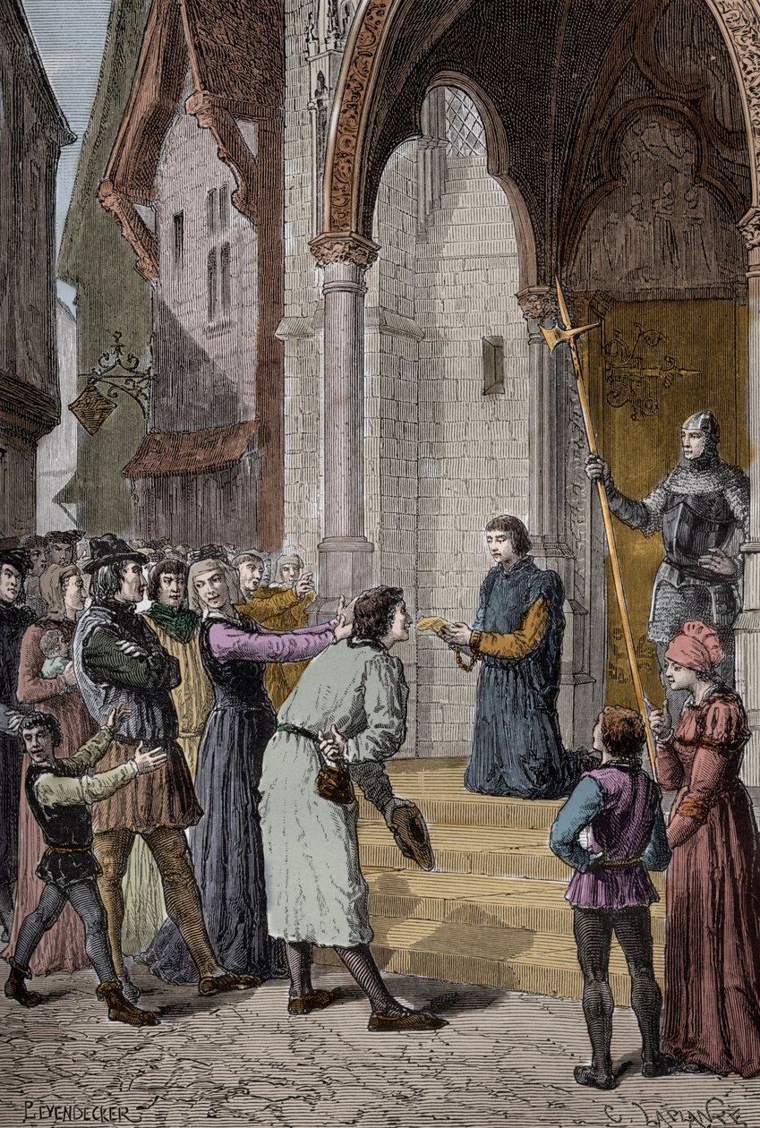 PERKIN WARBECK (c1474-1499) flamand szélhámos; Richardnak, York hercegének vallotta magát, Edward Iv második fiának – a londoni Westminster Hall előtt olvasva vallomását alkotó: Unknown artist