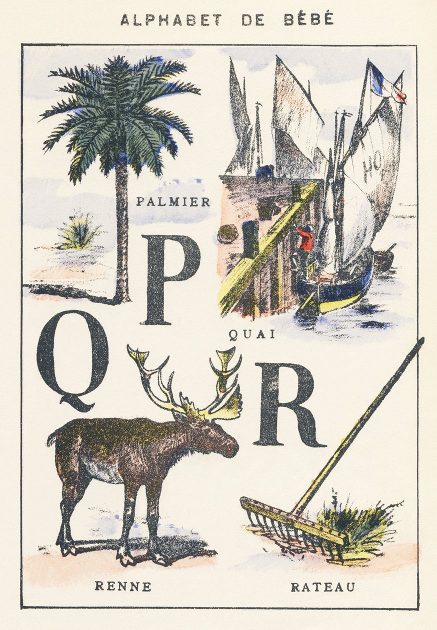 P Q R: pálmafa, dokk, rénszarvas, gereblye alkotó: Unknown artist