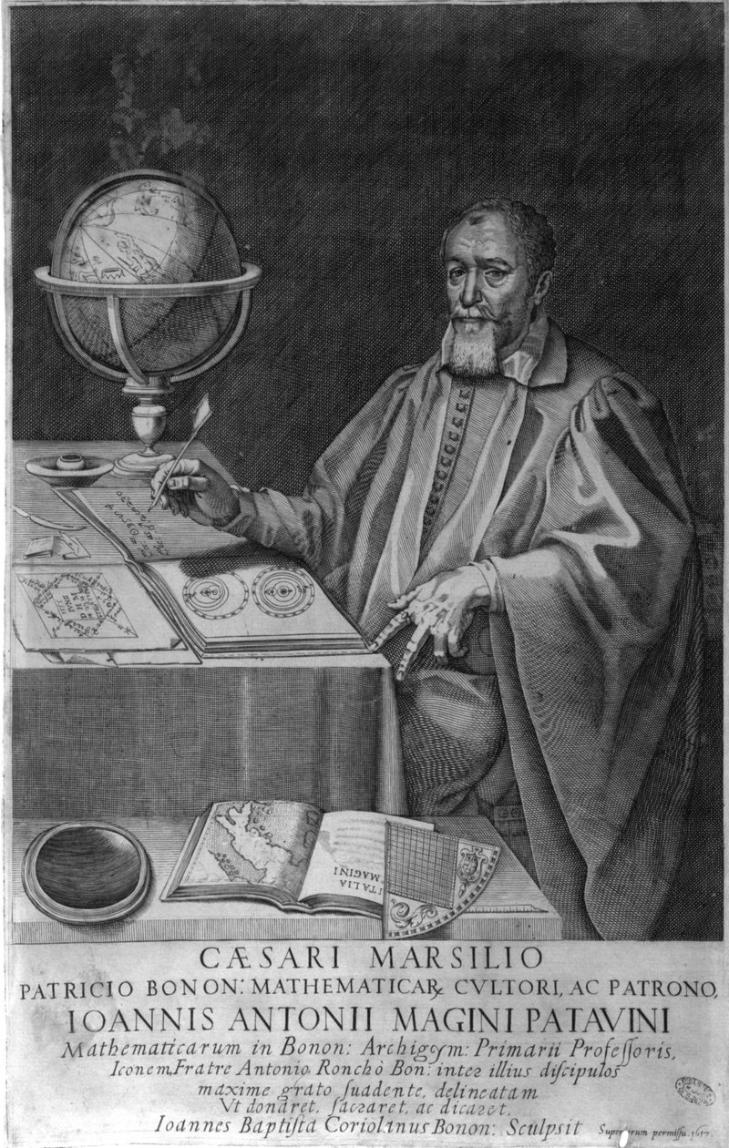 Padova Giovanni Luciano Magini (latinul Antonius Maginus), a 16-17. századi matematikus és csillagász irodájában csillagász eszközökkel. Metszet 1617. alkotó: Unknown artist