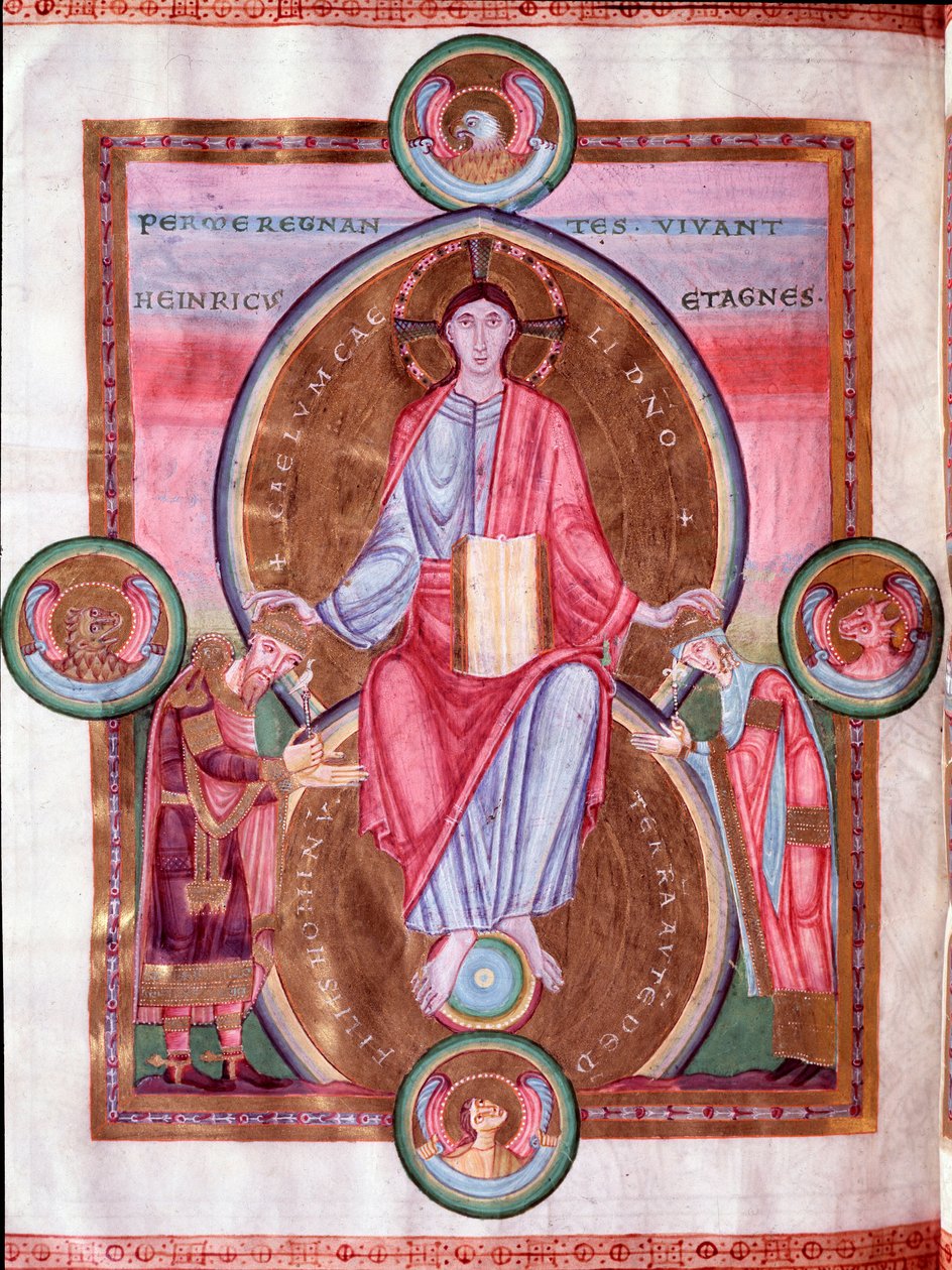 A császár Bibliájának oldala: Krisztus a tetramorf körül, III. Henrik császár és felesége, Poitou-i Ágnes között (miniatűr alkotó: Unknown artist